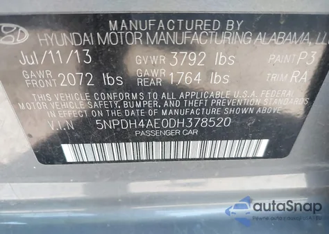 2013 Hyundai Elantra Gls z USA, uszkodzony, nr VIN 5NPDH4AE0DH378520